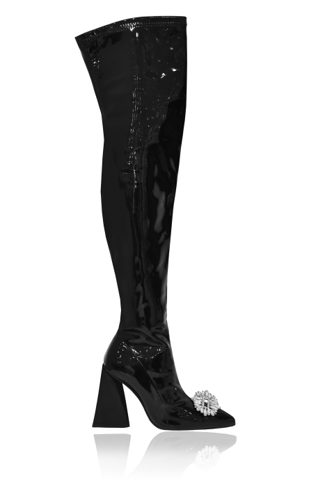 Сапоги - ботфорты черные, лак, брошь, каблук треугольник