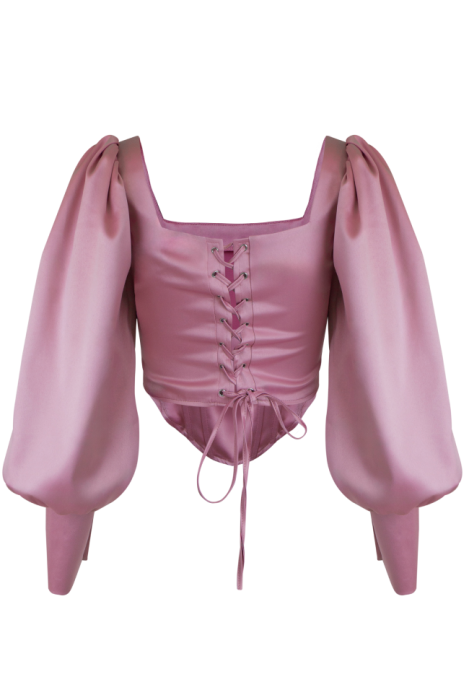 Топ - корсет "Трейс" розовый, на завязках, манжеты рукава фонарики с пуговицами