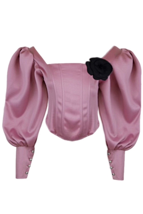 Топ - корсет "Трейс" розовый, на завязках, манжеты рукава фонарики с пуговицами