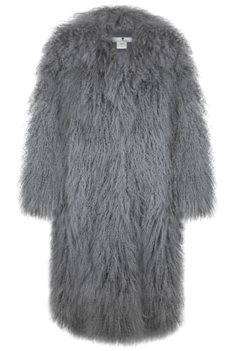 Шуба "Николет" серая, мех лама (натуральный), миди 130 см