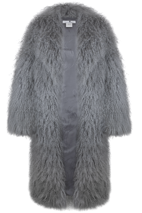 Шуба "Николет" серая, мех лама (натуральный), миди 130 см