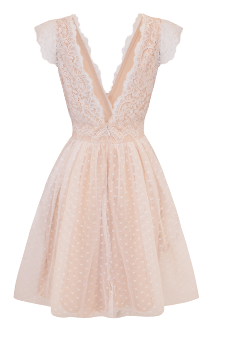 Платье "Люсьен" ,  Мини,Бежево-Нюдовый , V-Образный вырез , Французское кружево