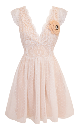Платье "Люсьен" ,  Мини,Бежево-Нюдовый , V-Образный вырез , Французское кружево