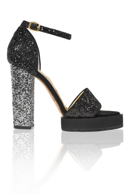 Босоножки "Аната" глиттер черные, каблук серебристый