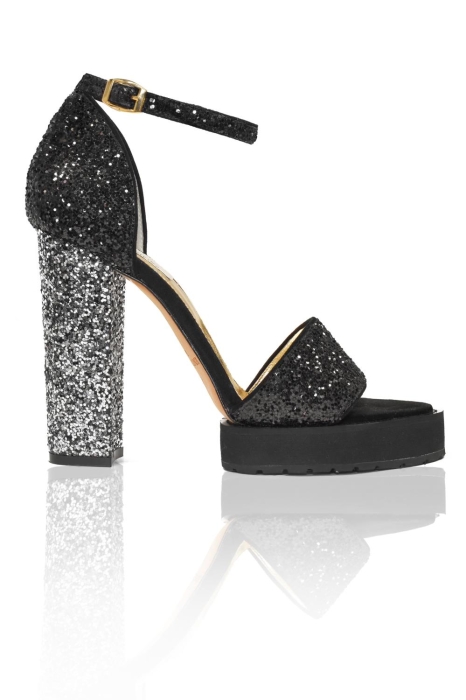 Босоножки "Аната" глиттер черные, каблук серебристый
