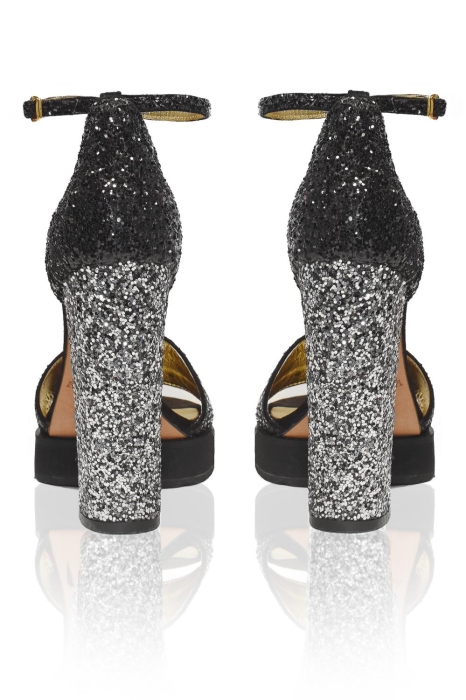 Босоножки "Аната" глиттер черные, каблук серебристый