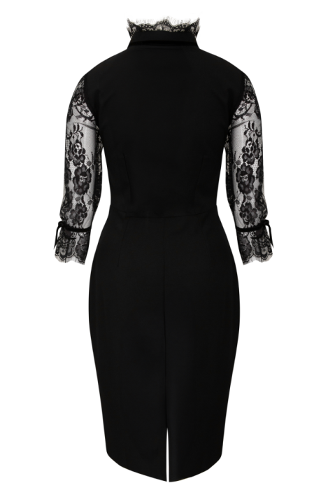 Платье "Джин" ,  Футляр ,Черное ,Мидди ,Стойка воротнки , кружевные рукава 