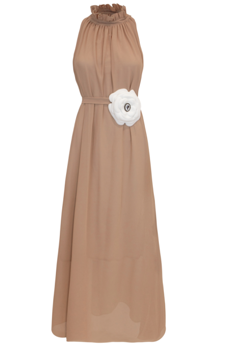 Платье "Марже" ,  Шифон , Капучино-Нюдовый,Стойкий воротник Мидди