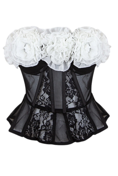 Корсет "Франко" черный, с кружевом, объемные белые цветы