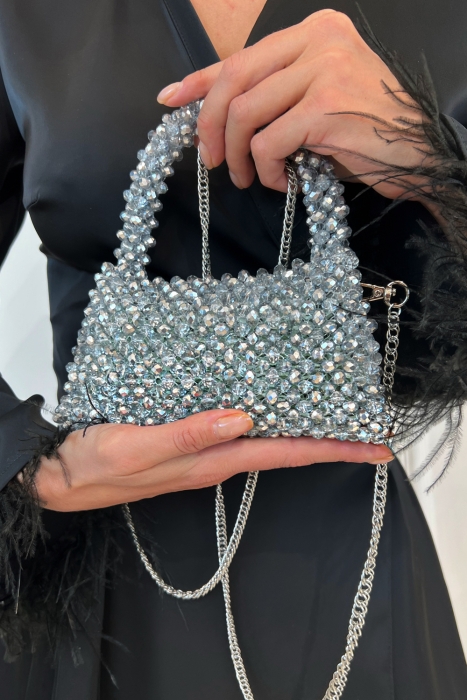 Сумка "Барокко" серебристая, из хрустальных бусин, кутюр