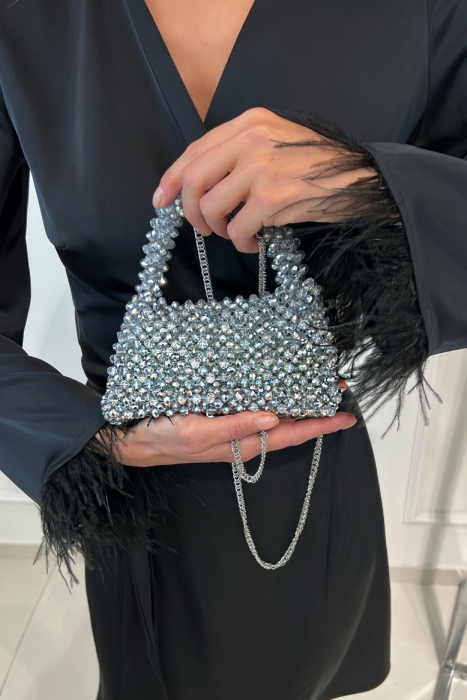 Сумка "Барокко" серебристая, из хрустальных бусин, кутюр