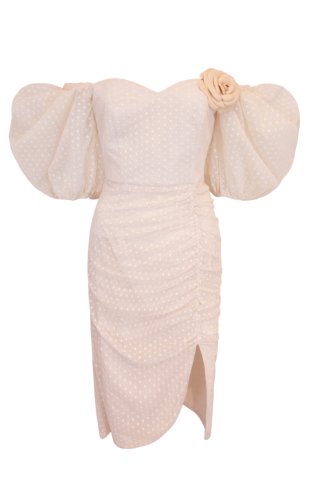 Платье "Бланш" , Молочный - Шампань ,Футляр С Карсетом, Мидди ,Большие Рукава