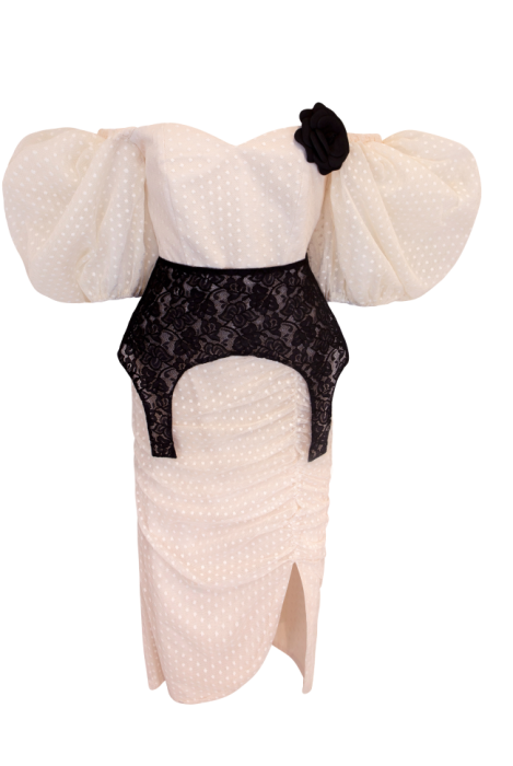 Платье "Бланш" , Молочный - Шампань ,Футляр С Карсетом, Мидди ,Большие Рукава