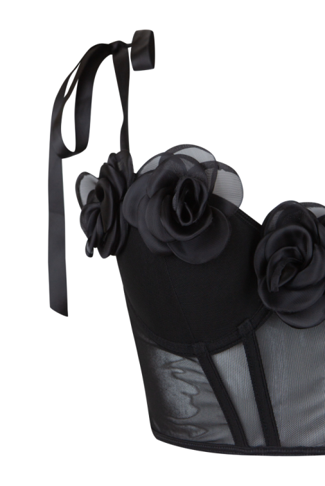 Топ-корсет "Объемные крупные цветы" черный