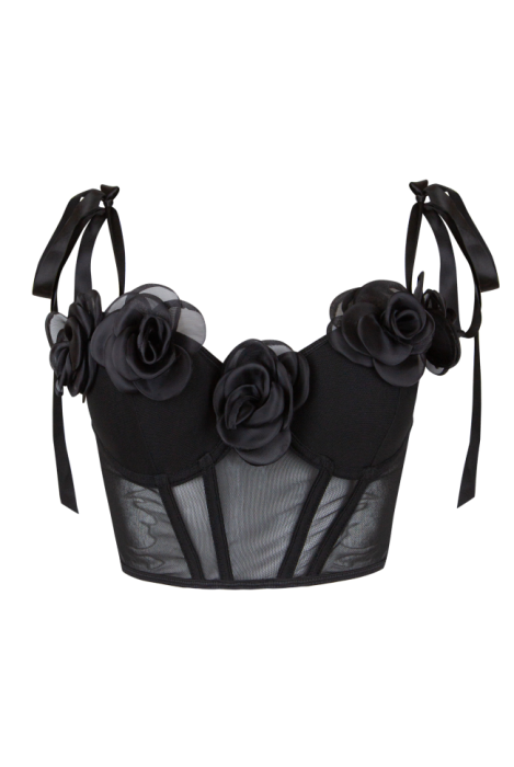 Топ-корсет "Объемные крупные цветы" черный