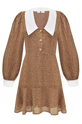 Платье "Гелла" бежевое, белый горох, белый воротник и манжеты, мини