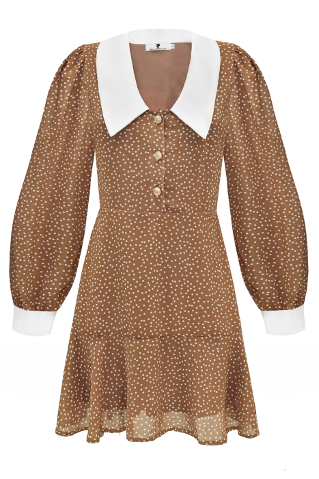 Платье "Гелла" бежевое, белый горох, белый воротник и манжеты, мини