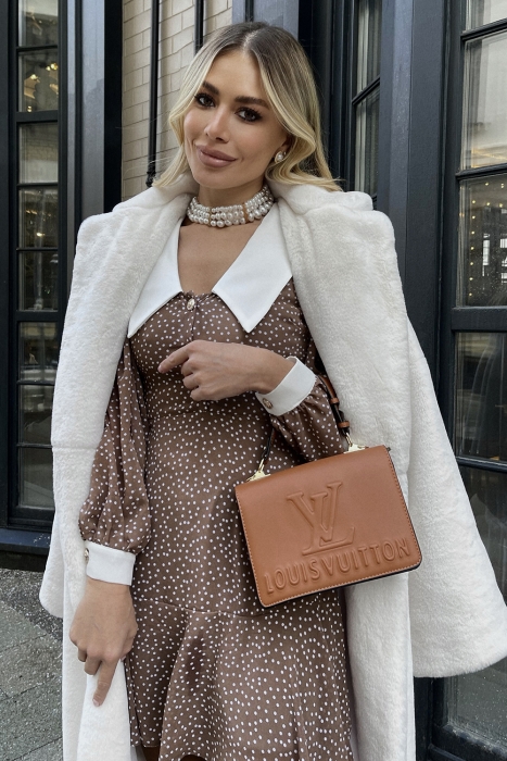 Платье "Гелла" бежевое, белый горох, белый воротник и манжеты, мини