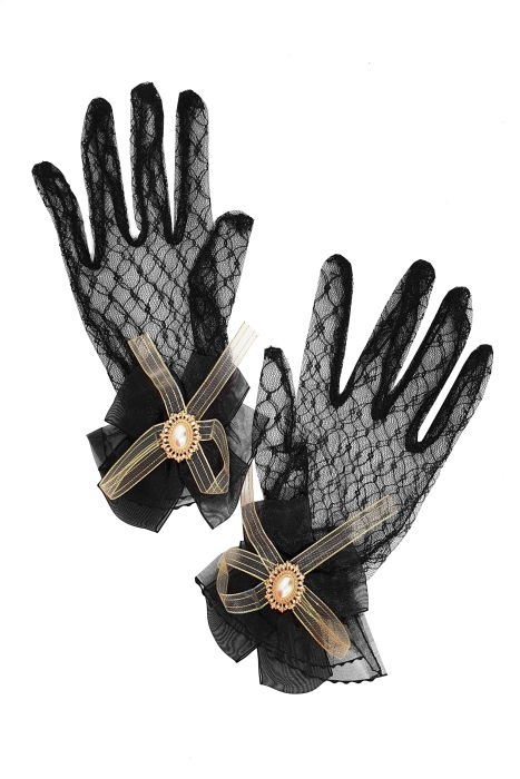 Перчатки "кружево", с брошью, черные, ажурные