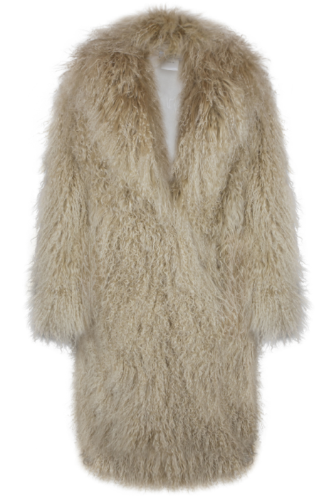 Шуба "Николет" бежевая, мех лама (натуральный), миди 110 см