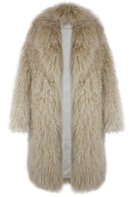 Шуба "Николет" бежевая, мех лама (натуральный), миди 110 см