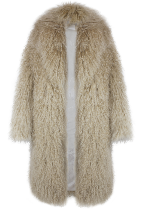 Шуба "Николет" бежевая, мех лама (натуральный), миди 110 см