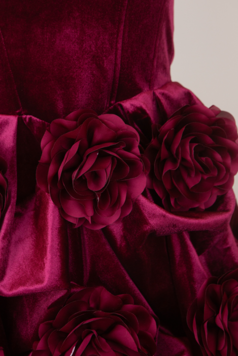 Платье-пачка "Роузет", мини, красное, бархат, с объёмными цветами