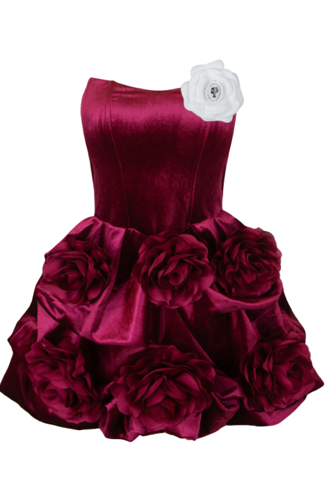 Платье-пачка "Роузет", мини, красное, бархат, с объёмными цветами