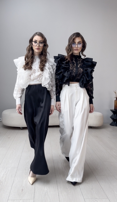 Блуза "Мирель" черная, кружево, воланы, с манжетами + топ