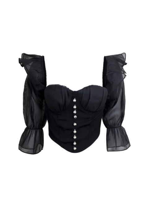 Блуза - топ - корсет черный, рукава фонарики шифон, с воланами, пуговицы 