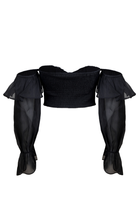 Блуза - топ - корсет черный, рукава фонарики шифон, с воланами, пуговицы 
