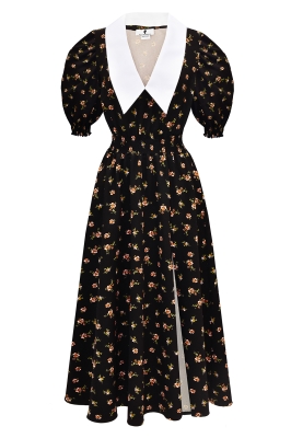 Платье "Эсми" черное, принт бежевые цветы