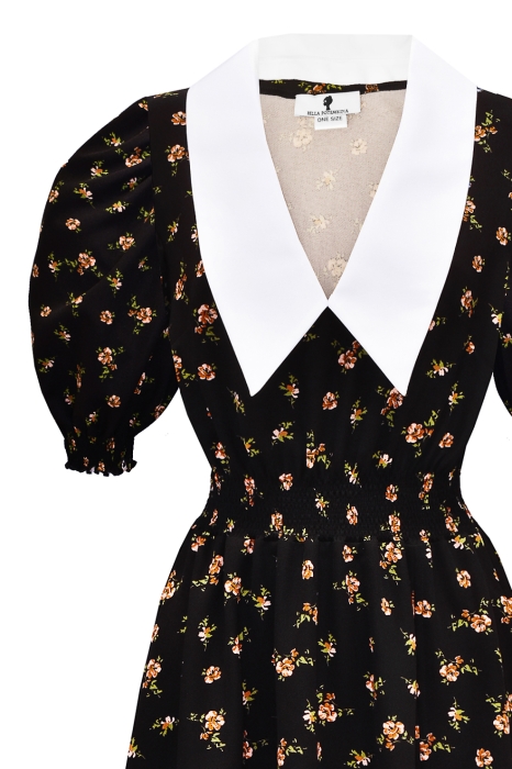 Платье "Эсми" черное, принт бежевые цветы