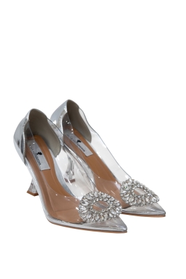 Туфли серебристые, силикон, крупная брошь со стразами