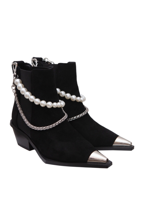 Ботинки "Казаки" черные, эко - замша, с обвесом (цепь и жемчуг)