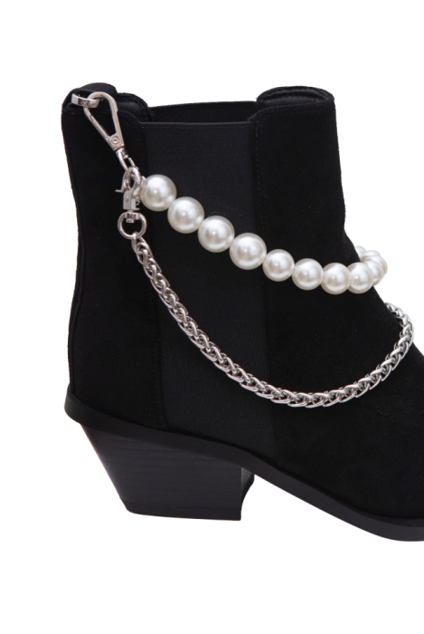 Ботинки "Казаки" черные, эко - замша, с обвесом (цепь и жемчуг)