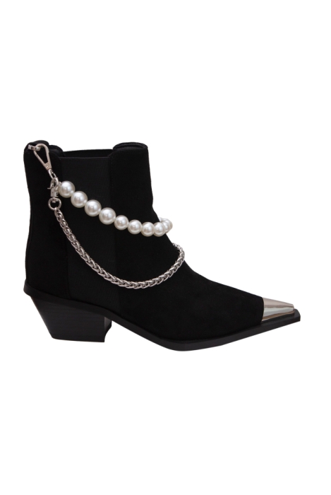 Ботинки "Казаки" черные, эко - замша, с обвесом (цепь и жемчуг)