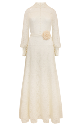 Платье "Джаннет" Ванильно-Молочное, стойка воротник, Стиль Прованс, с кружевом