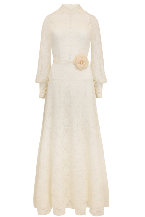 Платье "Джаннет" Ванильно-Молочное, стойка воротник, Стиль Прованс, с кружевом
