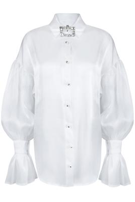 Блуза "Олли", белая, молочная,органза, манжеты плиссе, с воротником