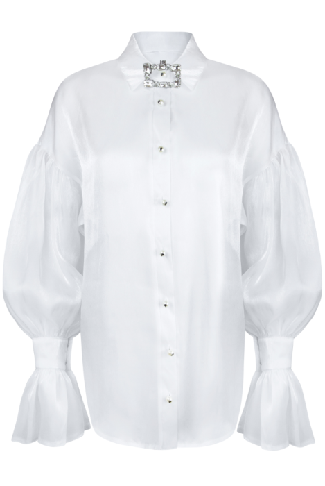 Блуза "Олли", белая, молочная,органза, манжеты плиссе, с воротником