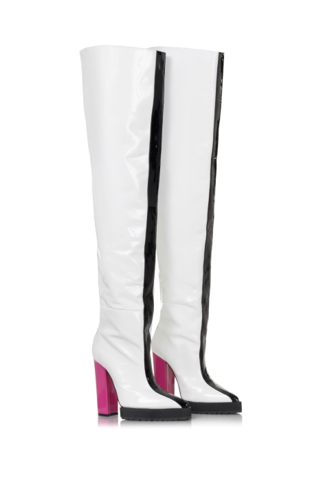 Ботфорты лак белый,черный лампас (розовый каблук)