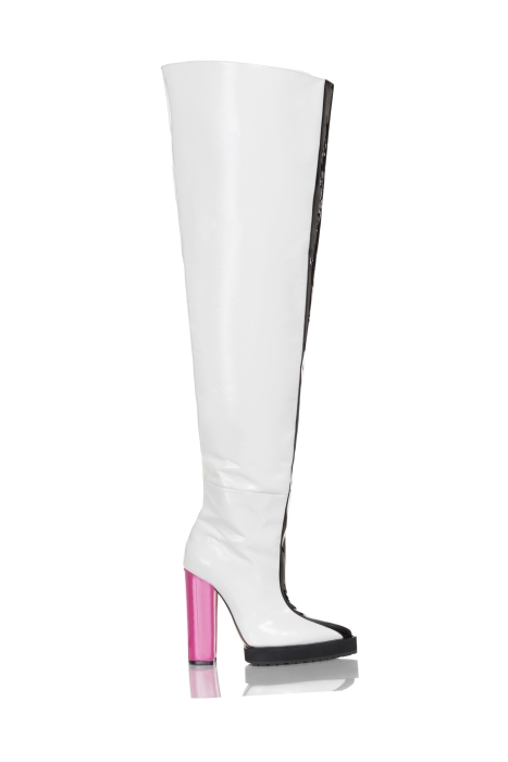 Ботфорты лак белый,черный лампас (розовый каблук)