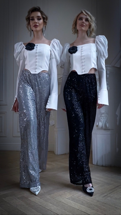 Брюки "Эрлис" черные, черные пайетки, палаццо