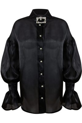 Блуза "Олли", чёрная, органза, манжеты плиссе, с воротником
