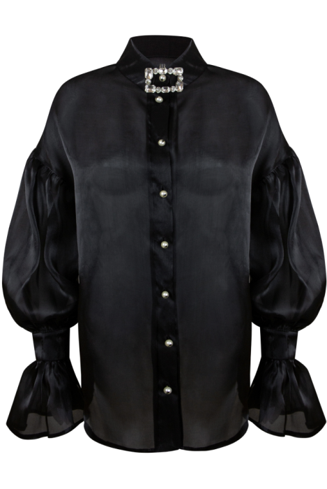 Блуза "Олли", чёрная, органза, манжеты плиссе, с воротником