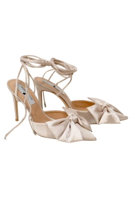Босоножки "SS 23" нюдовые, атласные, с бантом, на завязках
