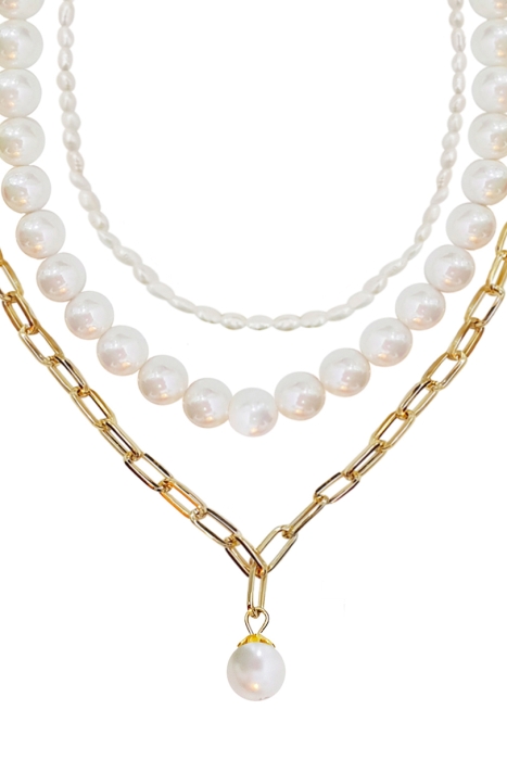 Чокер (колье) "Эрика" золотистое, с жемчугом двух видов (3 нити)