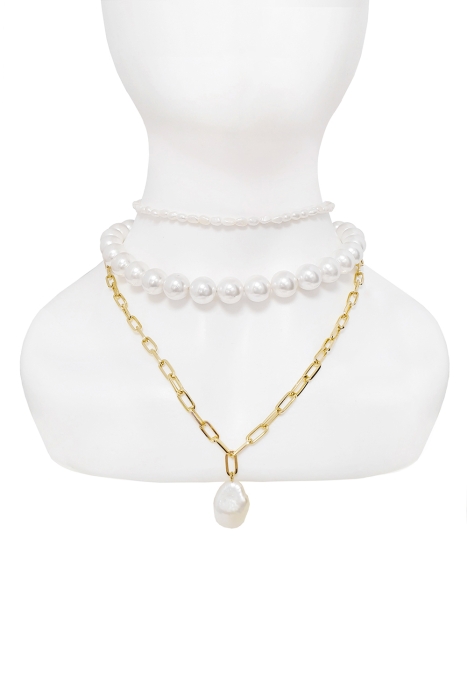 Чокер (колье) "Эрика" золотистое, с жемчугом двух видов (3 нити)