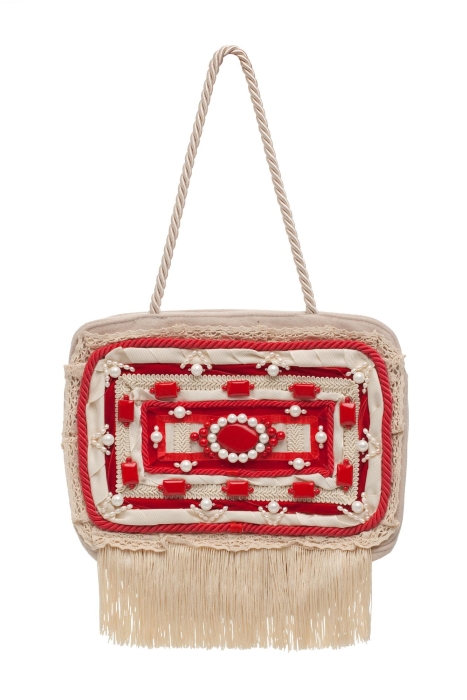 Ридикюль квадратный молочный с красным "жемчуг"